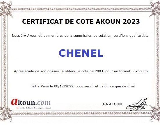 Certificat de cotation akoun artiste peintre CheNel Nelly Chenard