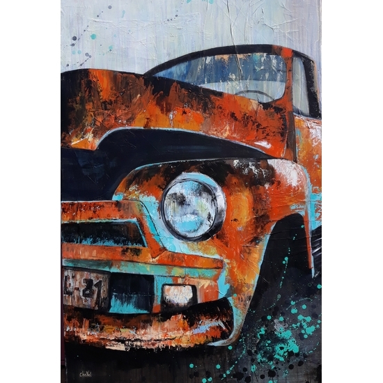 Tableau de CheNel, peinture acrylique et technique mixtes - la vieille voiture Cubaine
