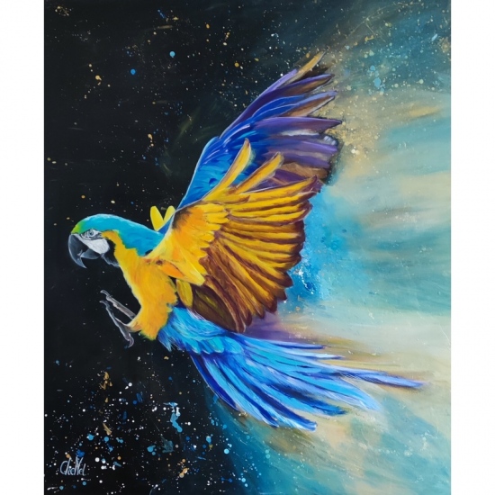 Tableau de CheNel, peinture acrylique - L'envol du ara bleu
