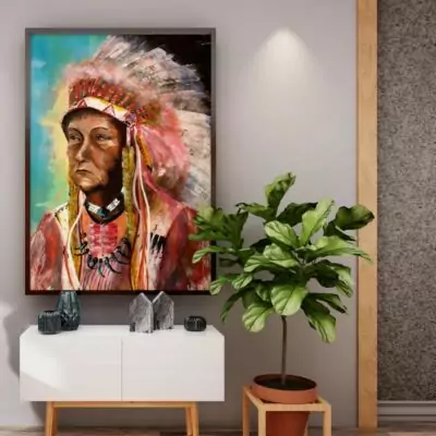 tableau peinture, tableau peint à la main, tableau artiste peintre grand format, chef indien