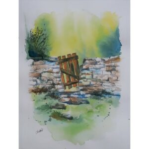 aquarelle portillon et vieux mur, aquarelle originale peinte à la main par une artiste peintre bretonne