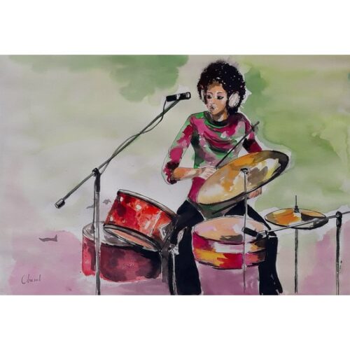 Encre joueuse de batterie réalisée par l'artiste peintre Chenel, oeuvre originale et unique