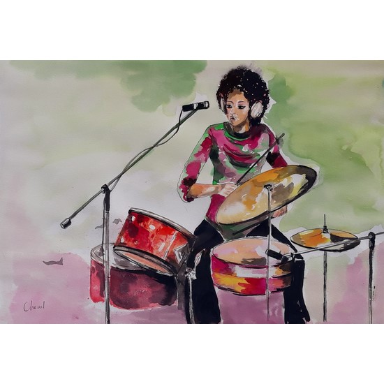 Encre joueuse de batterie réalisée par l'artiste peintre Chenel, oeuvre originale et unique