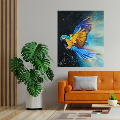 tableau fait main, peinture originale grand format, perroquet, ara bleu