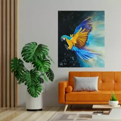 tableau fait main, peinture originale grand format, perroquet, ara bleu