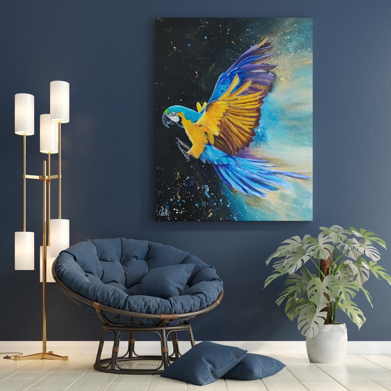tableau de CheNel, tableau perroquet, tableau ara bleu, perrot painting