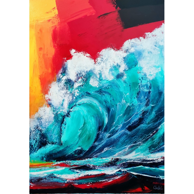 tableau peinture vague de Teahupo'o, teinte vert émeraude et ciel rouge