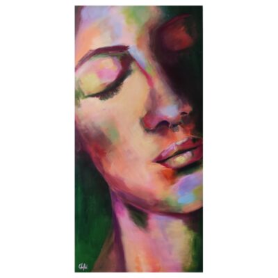 Tableau peinture visage femme en gros plan, tableau moderne et abstrait, tableau d'artiste, artiste Chenel, teintes vertes et roses, douceur et sérénité