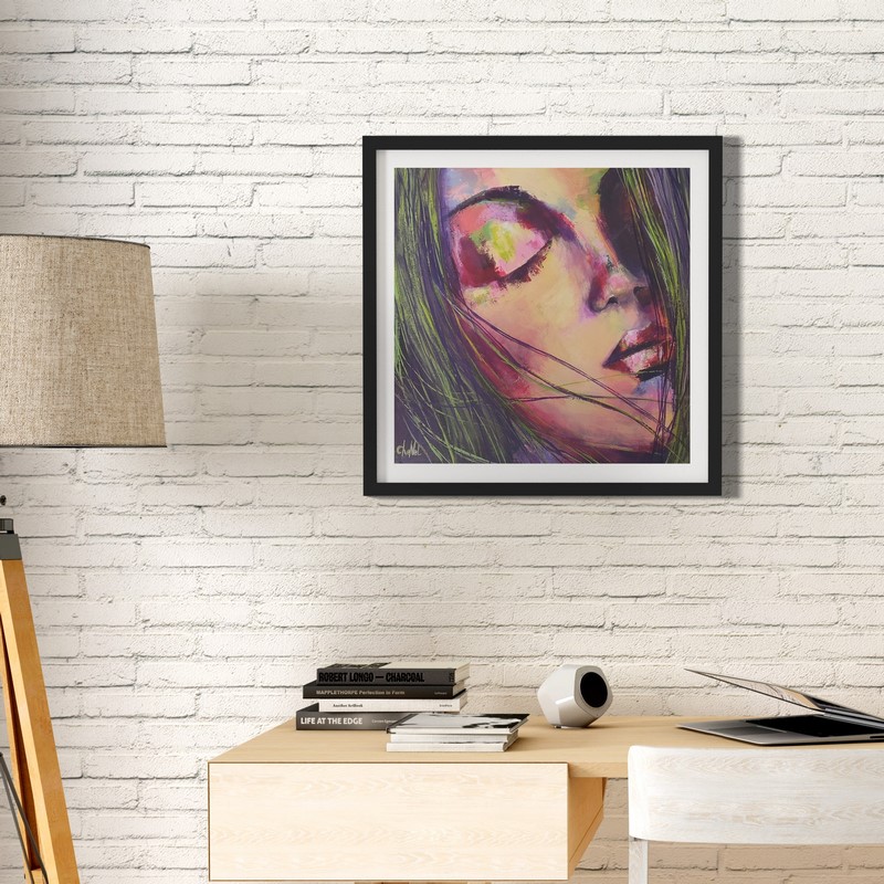 Tableau peinture acrylique moderne et abstrait, portrait d'une jeune femme, tableau de Chenel