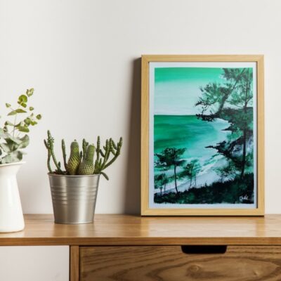 gouache paysage maritime, gouache crozon, tons verts, réalisée par CheNel