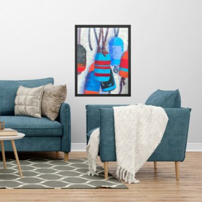 tableau techniques mixtes, bouées flotteurs et cordages, peinture acrylique sur papier journal