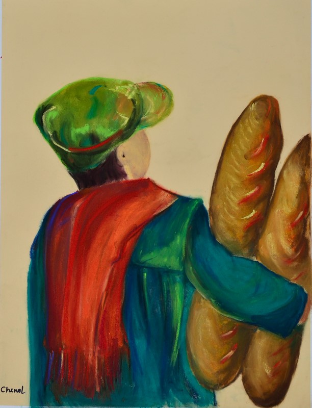 Pastel sec, format 46 x 61.5 cm, représentant un garçonnet avec une casquette verte, une écharpe rouge, un manteau bleu, et deux gros pains. CheNel artiste peintre Bretonne et Française, œuvre d'art originale et unique