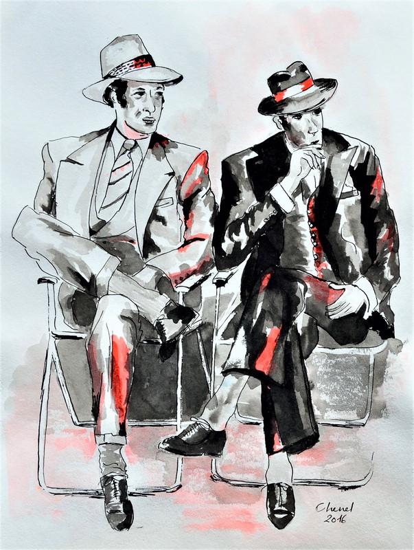 Encre de chine, format 32 x 24 cm, représentant Alain Delon et Jean-Paul Belmondo dans le film Borsalino. CheNel artiste peintre Bretonne et Française, œuvre d'art originale et unique