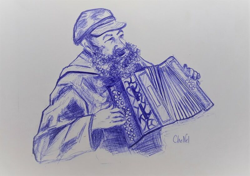 Dessin au stylo bille bleu, format 21 x 29.7 cm. Le dessin représente un marin breton qui joue de l'accordéon. CheNel artiste peintre Bretonne et Française, œuvre d'art originale et unique