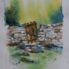 aquarelle 21 x 29.7 cm, représentant un vieux portillon en bois et un mur en pierre au fond d'un jardin,CheNel artiste peintre Bretonne et Française, œuvre d'art originale et unique