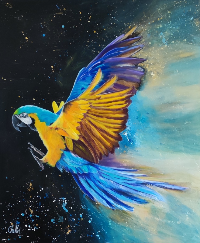 Tableau en peinture acrylique, représentant un ara bleu s'envolant dans l'univers. CheNel artiste peintre Bretonne et Française, œuvre d'art originale et unique