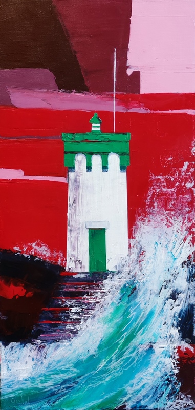 Tableau phare de Trévignon, tableau peinture acrylique 40 x 20 cm, tableau moderne, tableau ciel rouge et mer agitée, artiste peintre française et bretonne, œuvre d'art unique