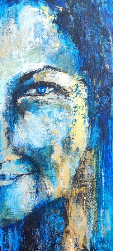 Tableau moderne Simone Veil, peinture acrylique au couteau, ton bleus noirs et or, tableau de CheNel, artiste Bretonne, format 50 x 23 cm, artiste peintre française, œuvre d'art unique