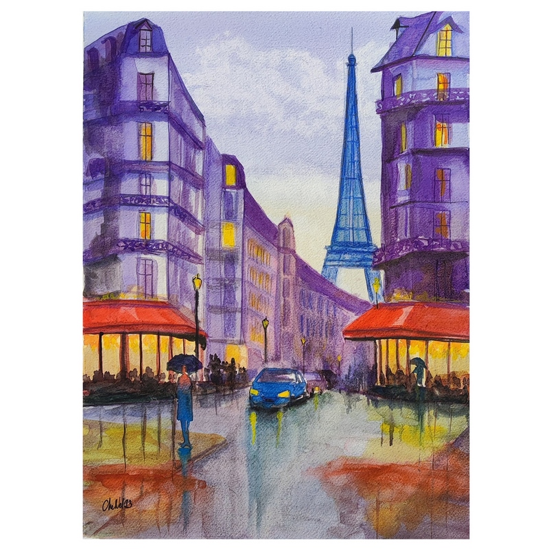 Aquarelle de Paris et de la Tour Eiffel un jour de pluie. Aquarelle originale de l'artiste peintre CheNel