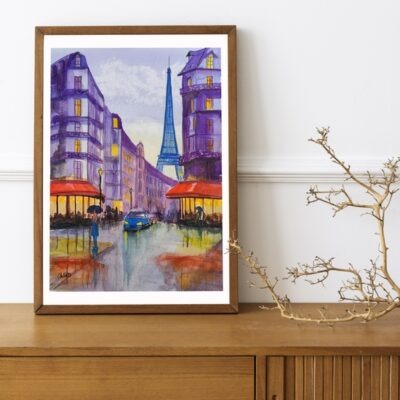 Aquarelle de Paris et de la Tour Eiffel un jour de pluie. Aquarelle originale de l'artiste peintre CheNel