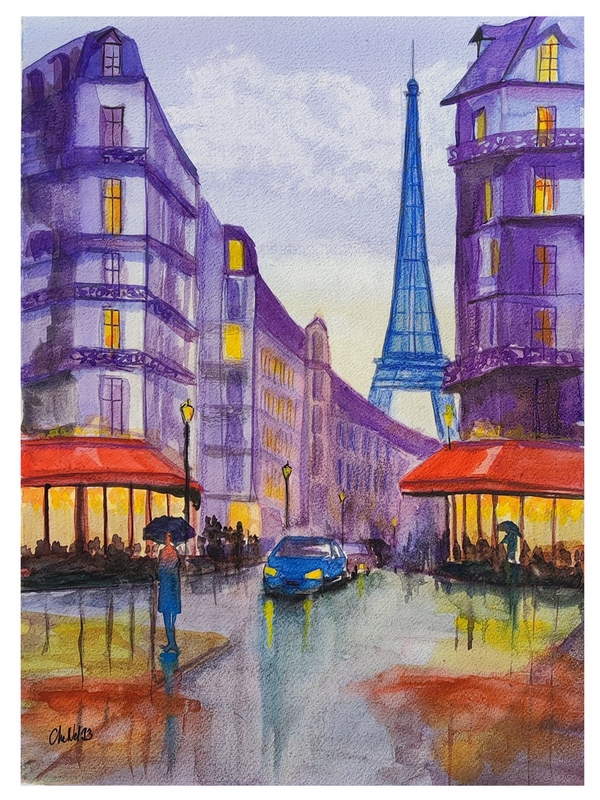 aquarelle Paris sous la pluie, format 40 x 30 cm, aquarelle de CheNel, artiste Bretonne, œuvre d'art unique