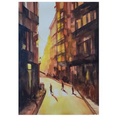 Aquarelle d'une rue de Barcelone au crépuscule, aquarelle originale, aquarelle de CheNel, format 30x40