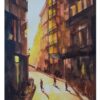 aquarelle d'une rue de Barcelone au crépuscule, aquarelle de CheNel, format 30x40 cm, œuvre d'art unique