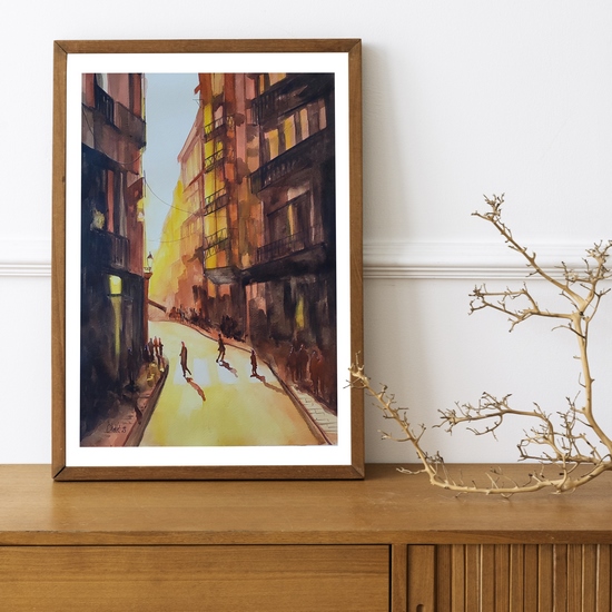 Aquarelle d'une rue de Barcelone au crépuscule, aquarelle originale, aquarelle de CheNel, format 30x40