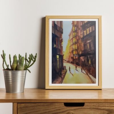 Aquarelle d'une rue de Barcelone au crépuscule, aquarelle originale, aquarelle de CheNel, format 30x40