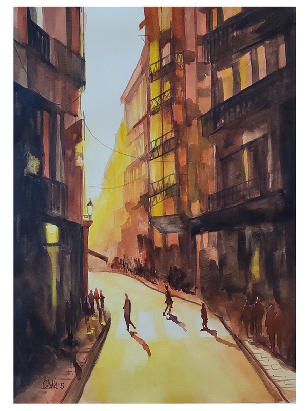aquarelle d'une rue de Barcelone au crépuscule, aquarelle de CheNel, format 30x40 cm, œuvre d'art unique