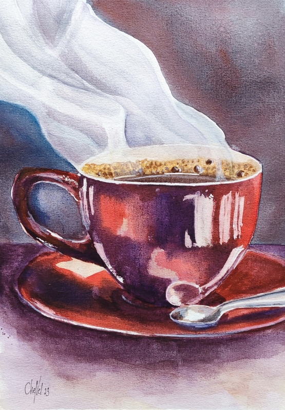 Aquarelle tasse de café fumante, aquarelle de cheNel, artiste peintre Bretonne, œuvre d'art unique