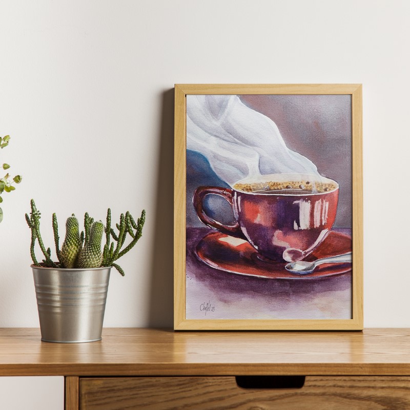 aquarelle d'une tasse de café rouge avec ses volutes de fumée, aquarelle originale de l'artiste peintre bretonne CheNel