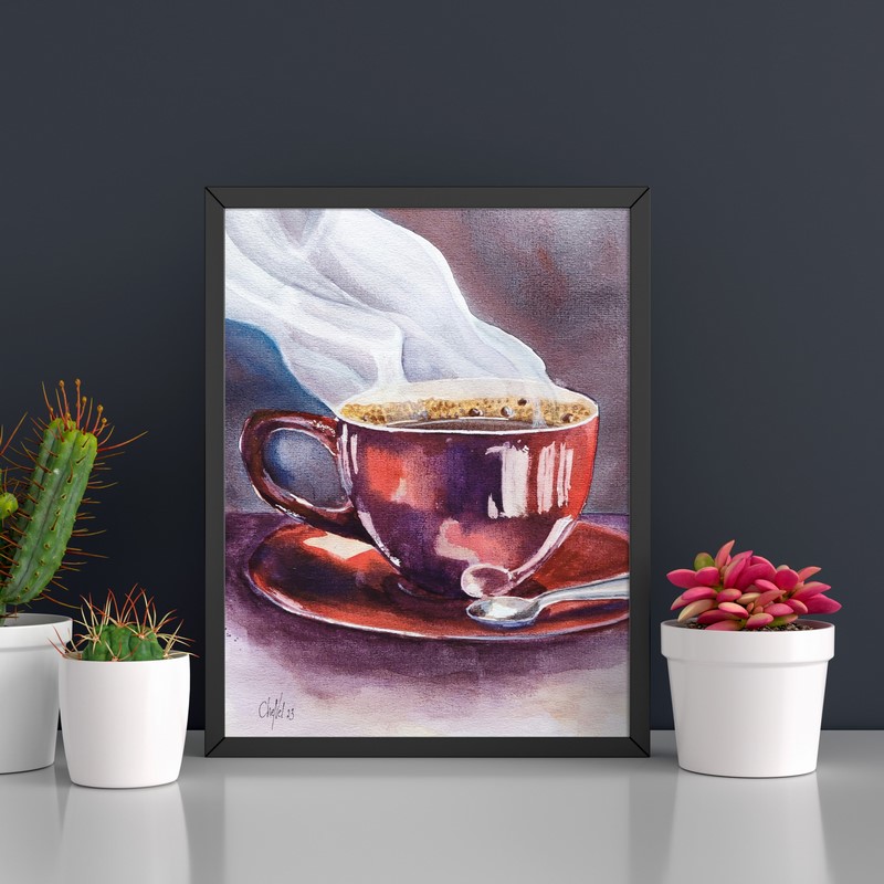 aquarelle d'une tasse de café rouge avec ses volutes de fumée, aquarelle originale de l'artiste peintre bretonne CheNel
