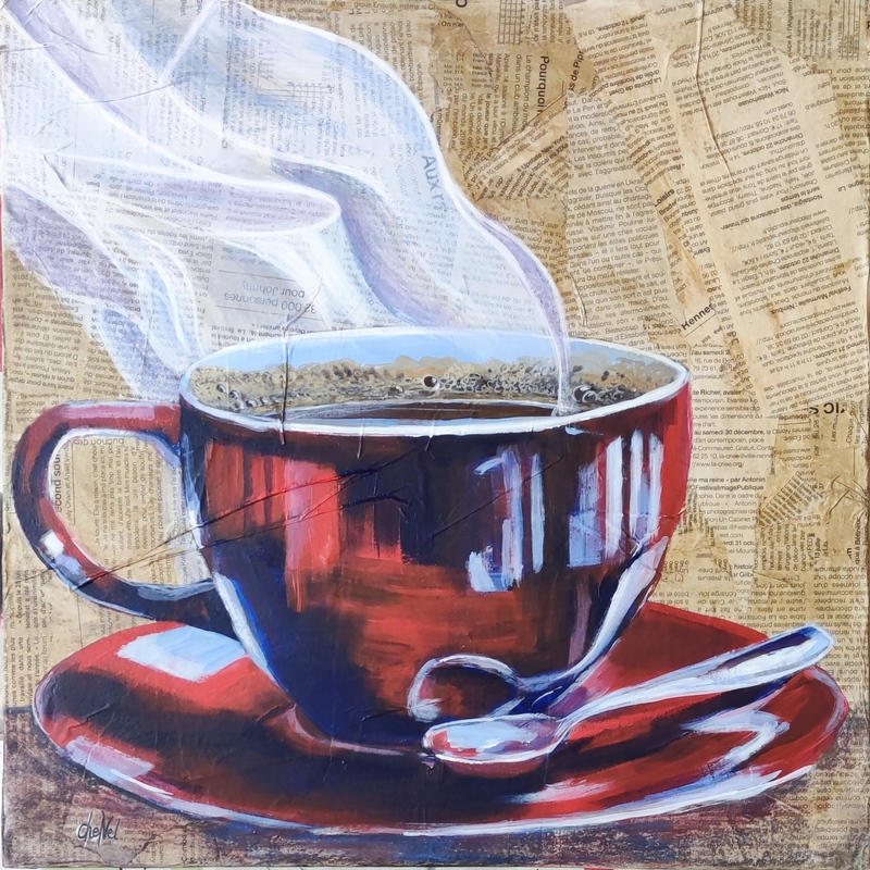 Tableau sur papier journal, peinture acrylique, tasse de caté fumante, tasse de café rouge, tableau 40 x 40 cm, tableau de CheNel, artiste Bretonne, œuvre d'art unique