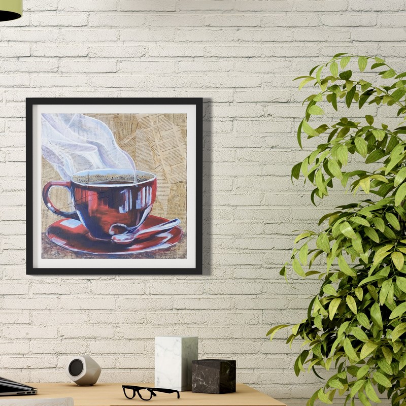tableau de Chenel, tableau d'une tasse peint à la peinture acrylique sur papier journal. Volutes de fumées