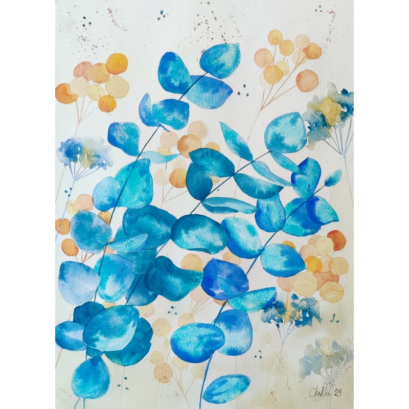 Aquarelle eucalyptus, eucalyptus bleu, format 40 x 30, artiste Bretonne, aquarelle originale
