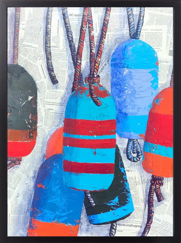 tableau techniques mixtes, pare battages, bouées flotteurs, cordages, peinture acrylique sur papier journal. CheNel artiste peintre Bretonne et Française, œuvre d'art originale et unique