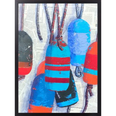 tableau techniques mixtes, pare battages, bouées flotteurs et cordages, peinture acrylique sur papier journal. CheNel artiste peintre Bretonne et Française, œuvre d'art originale et unique