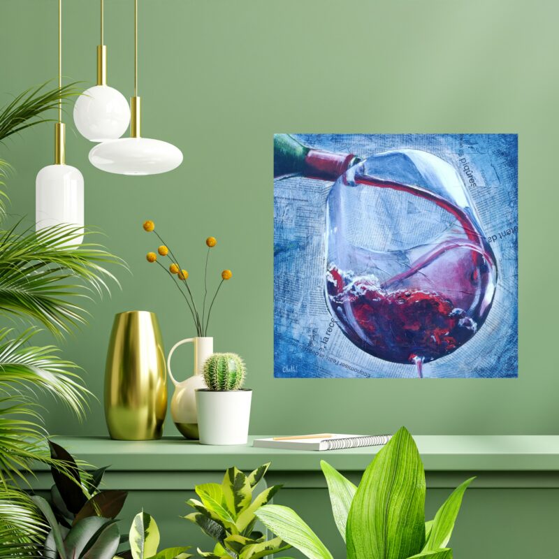tableau technique mixte, peinture acrylique sur papier journal, verre de vin, éclaboussure de vin