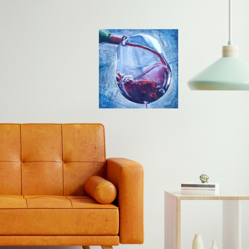 tableau technique mixte, peinture acrylique sur papier journal, verre de vin, éclaboussure de vin