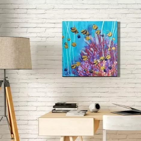 tableau 40 x 40 banc de poissons sur eaux turquoise et corail rouge, une déco sympa et tendance
