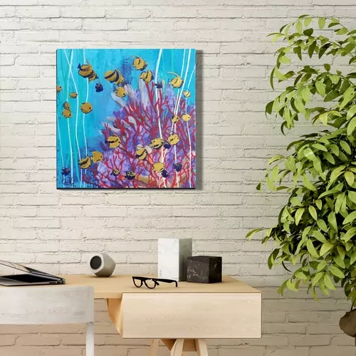 tableau 40 x 40 banc de poissons sur eaux turquoise et corail rouge, une déco sympa et tendance