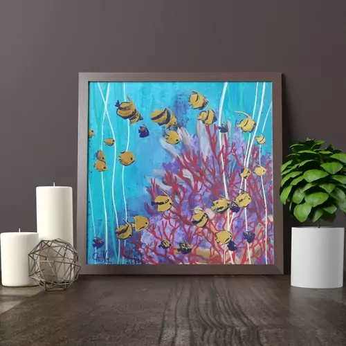 tableau 40 x 40 banc de poissons sur eaux turquoise et corail rouge, une déco sympa et tendance
