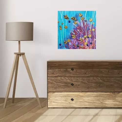 tableau 40 x 40 banc de poissons sur eaux turquoise et corail rouge, une déco sympa et tendance