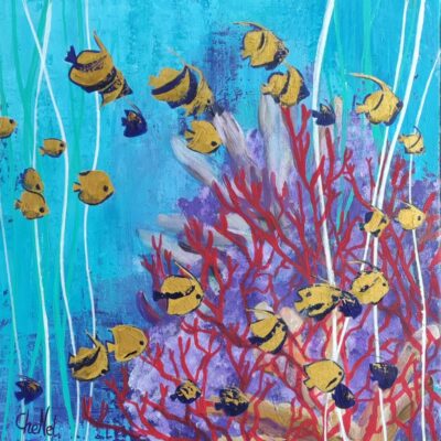 tableau 40 x 40 banc de poissons sur eaux turquoise et corail rouge, une déco sympa et tendance