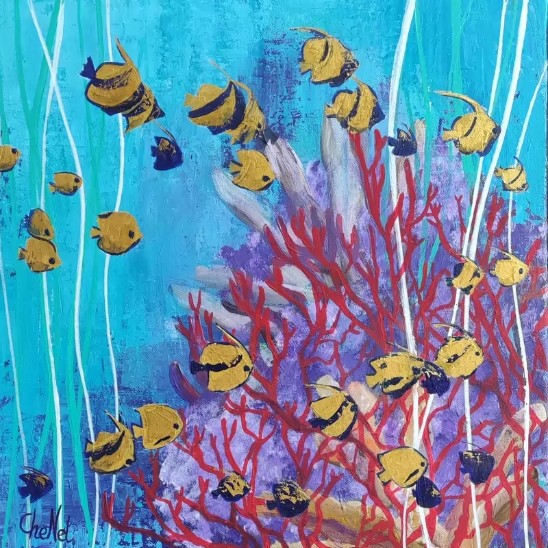 tableau 40 x 40 banc de poissons sur eaux turquoise et corail rouge, une déco sympa et tendance