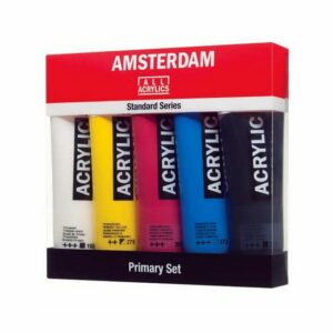 kit de couleur primaire, les 5 couleurs indispensables pour peindre, le blanc de titane, le jaune primaire, le magenta, le cyan, le noir.