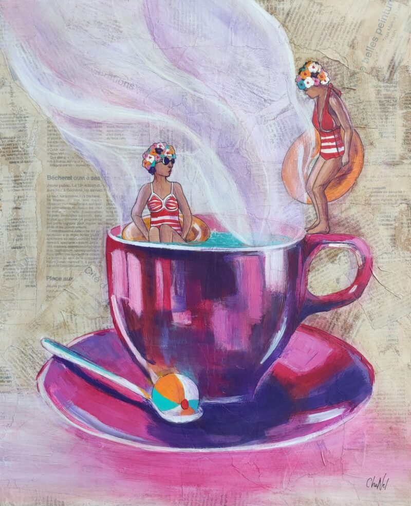 Tableau acrylique sur châssis toilé format 38 x 46 cm, recouvert de papier journal teinté au café. L'œuvre surréaliste et amusante représente deux baigneuses se détendant dans une tasse de café, avec des volutes de fumée s'échappant de la tasse. Un mélange unique de collage, de texture et de couleurs vives qui capturent l'imagination.