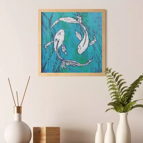 Tableau acrylique format 40 x 40 cm représentant deux poissons ornés de feuilles argentées sur un fond texturé peint au couteau. Les couleurs vibrantes et la texture ajoutent une dimension unique à cette œuvre d'art moderne