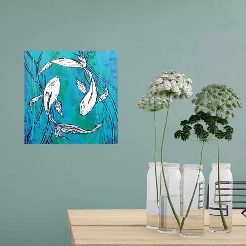 Tableau acrylique format 40 x 40 cm représentant deux poissons ornés de feuilles argentées sur un fond texturé peint au couteau. Les couleurs vibrantes et la texture ajoutent une dimension unique à cette œuvre d'art moderne